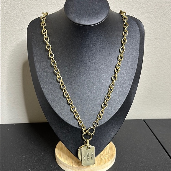 Gold Tone Pendant Long Chain Necklace Dog Tag Inspirational Words - Picture 1 of 8